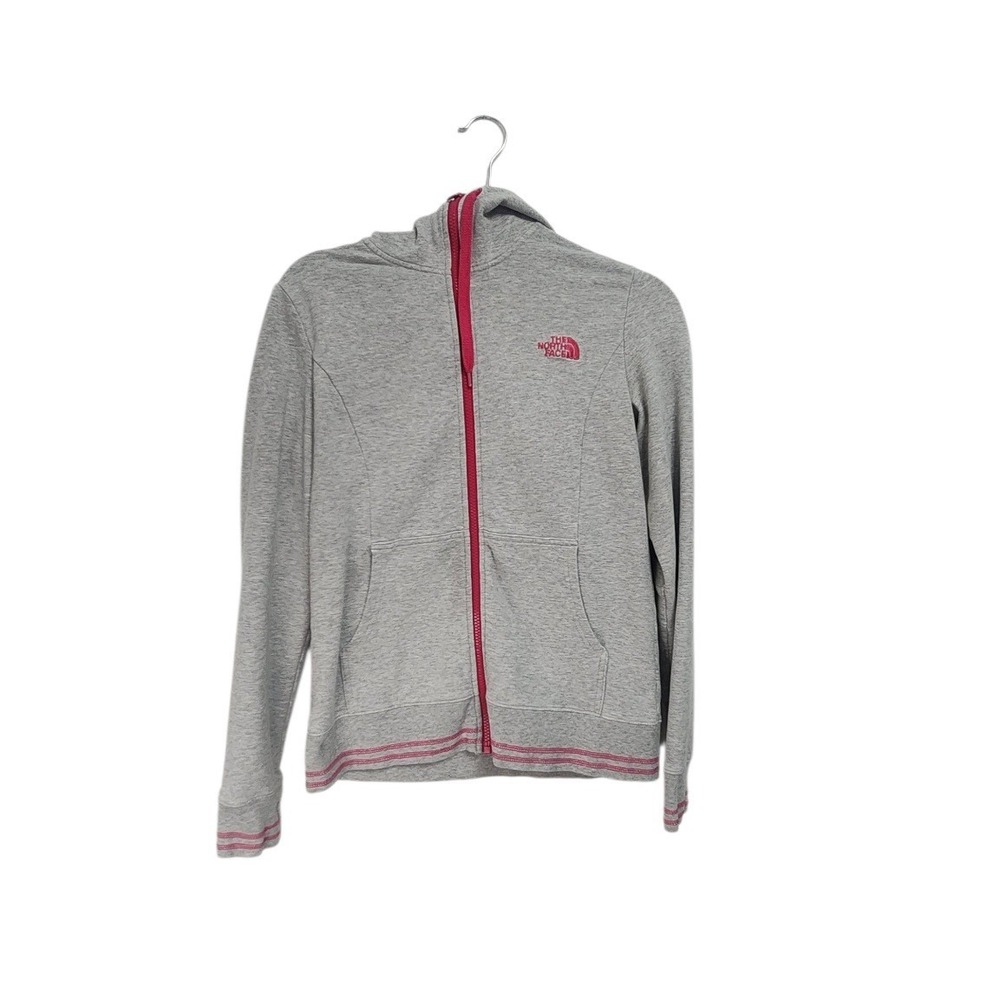 The North Face Womens M Full Zip Hoodie Gray Pink Logo Sweatshirt Striped Trim